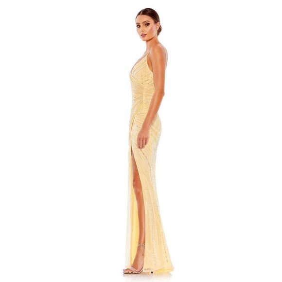 Mac Duggal NWT Beaded Sleeveless Faux Wrap Gown in Buttercream Size 12 - Picture 3 of 9